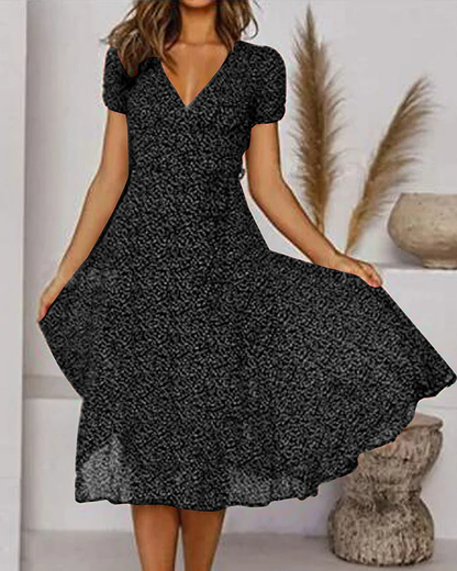 KS | Printed chiffon dress with short sleeves and V-neckline