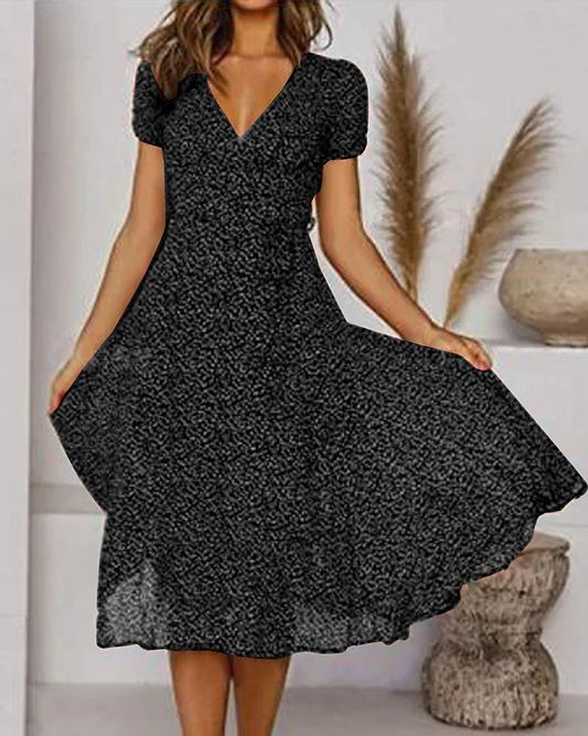 KS | Printed chiffon dress with short sleeves and V-neckline