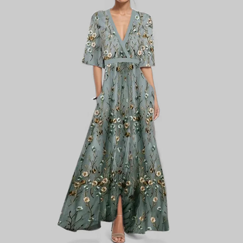 KS | Spring Summer Women Fashion V Neck Belted Party Long Dress Sexy Print Boho Maxi Dresses Short Sleeve Bag Femlae Vacation