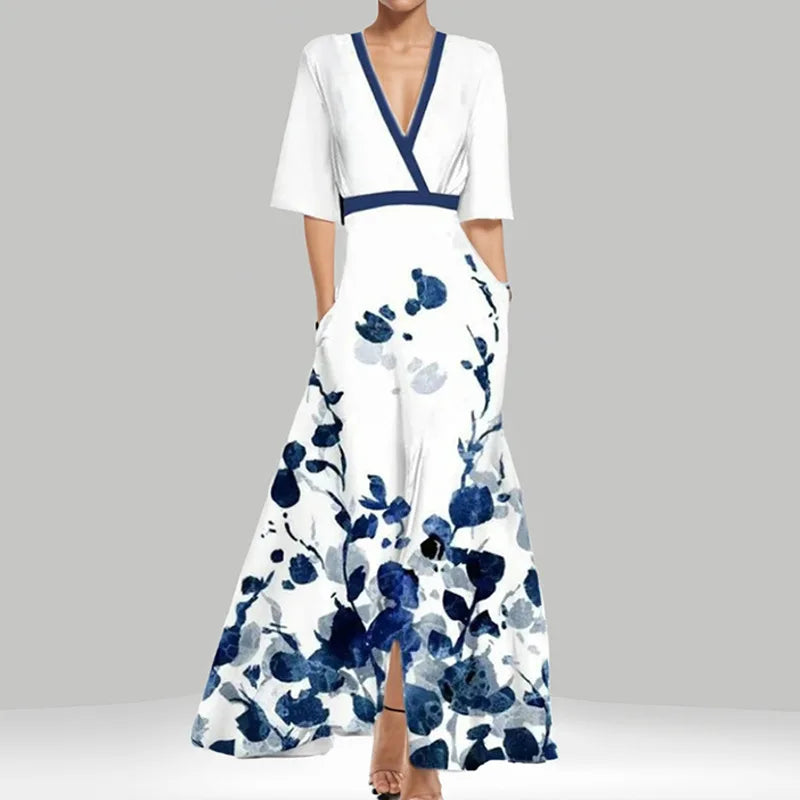KS | Spring Summer Women Fashion V Neck Belted Party Long Dress Sexy Print Boho Maxi Dresses Short Sleeve Bag Femlae Vacation