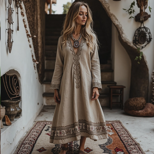 Vintage Traditional Embroidery Art Linen Maxi Long Dress elevenforest