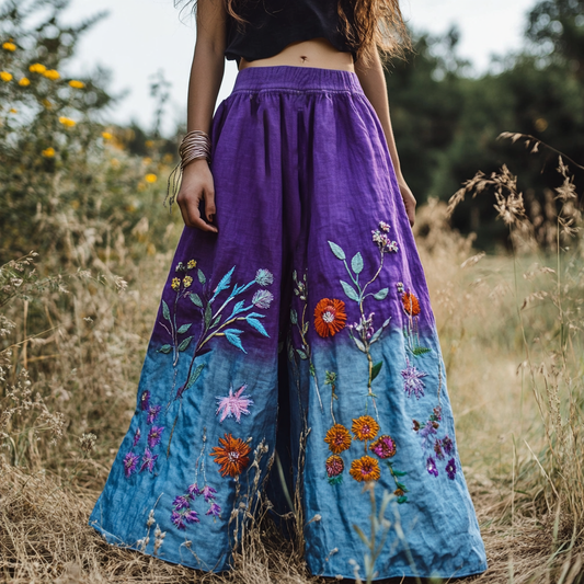 Vintage Floral Gradient Embroidered Pattern Art Linen Blend Skirt elevenforest