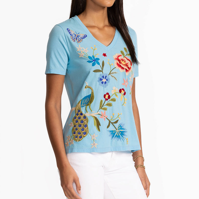 Comstylish Women's Vintage Peacock Floral Embroidery V-neck T-shirt