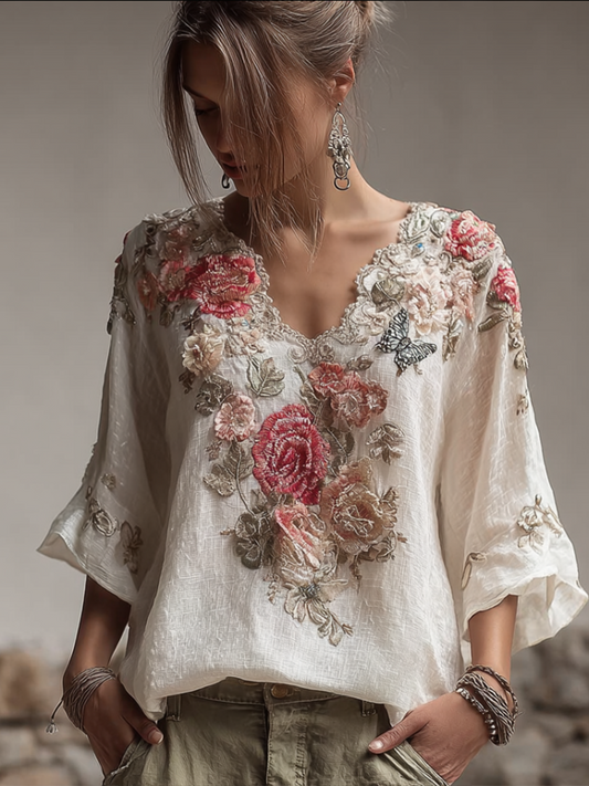 Bohemian Style V-neck Butterfly And Flower Embroidery Cotton And Linen Top elevenforest