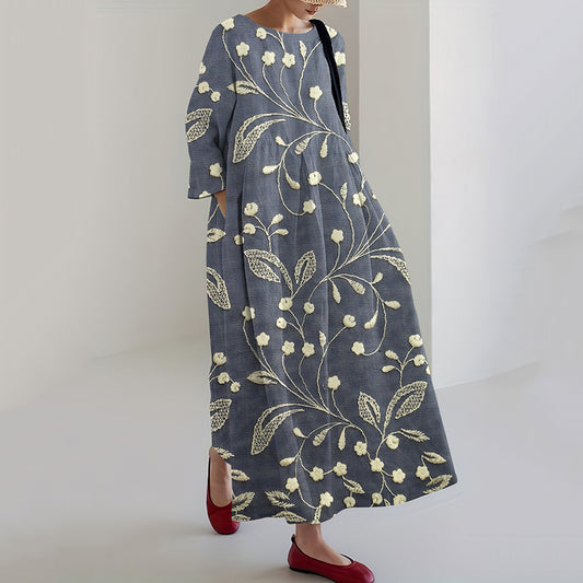 Floral Embroidery Print Long Sleeve Casual Midi Dress elevenforest