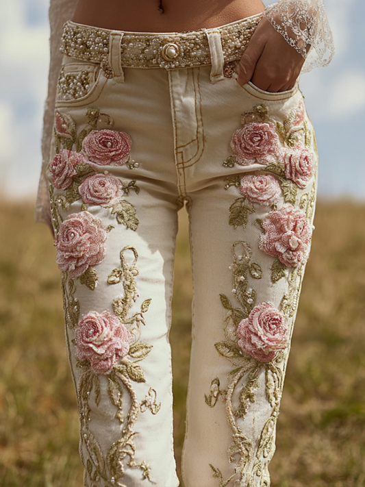 Bohemian Style Pink Rose Embroidery Pattern Women's Skinny Jeans elevenforest