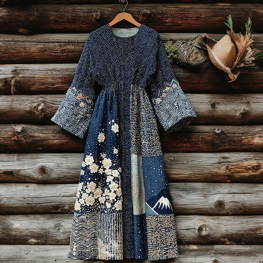 Women's Vintage Japanese Floral And Mount Fuji Art Pattern Linen Blend Dress elevenforest