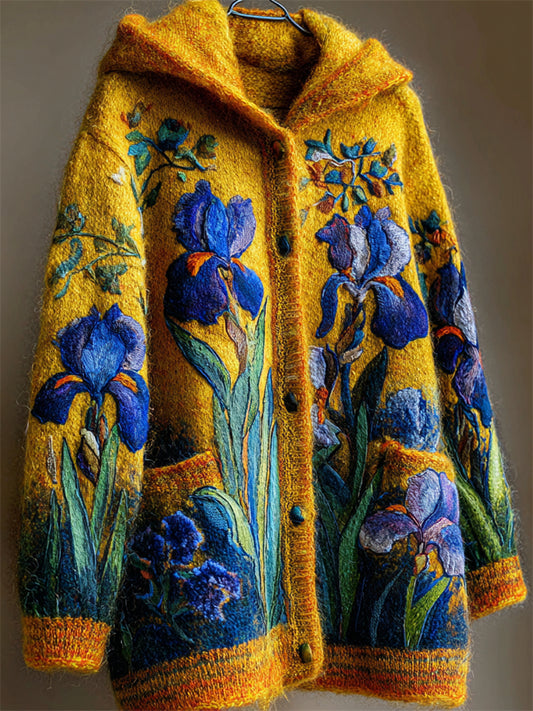 Elegant Irises Felt Embroidered Cozy Knit Hooded Cardigan
