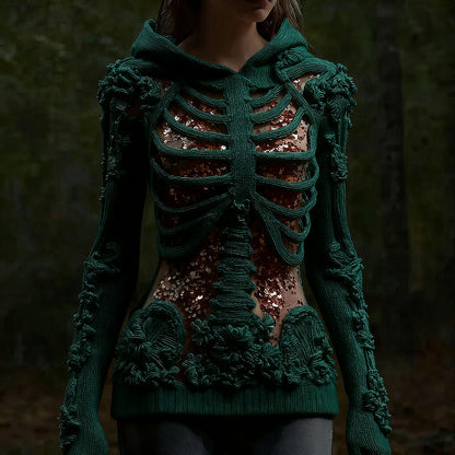 Halloween Skull Floral Knitted Warm Hooded Sweater artswardrobe