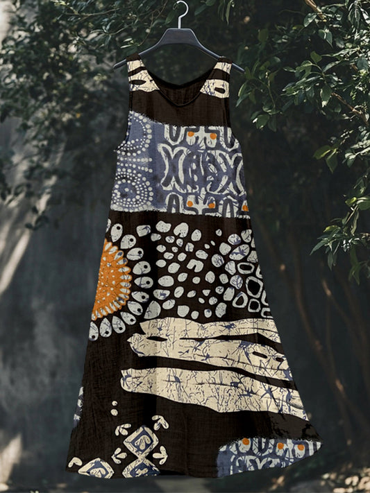Vintage Ethnic Pattern V Neck Linen Tank Dress elevenforest