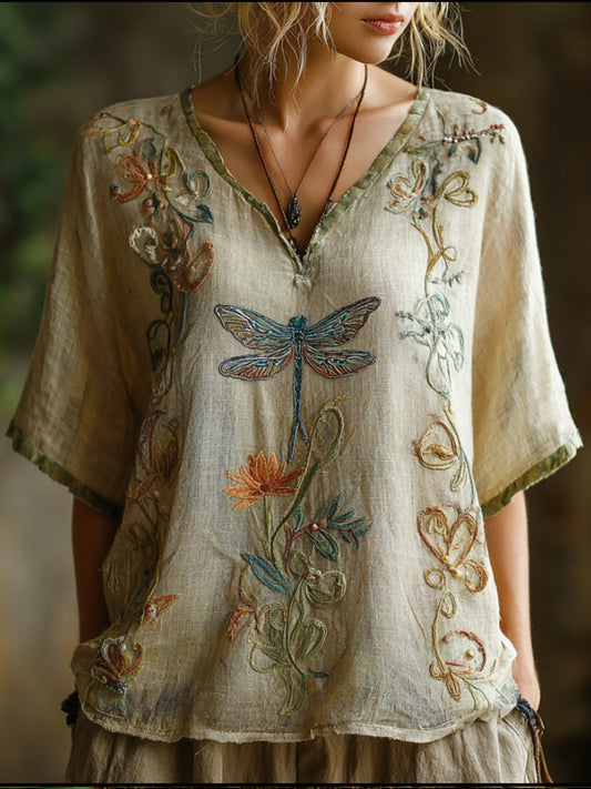 Bohemian Dragonfly Vine Pattern Vintage V-neck Short-sleeved T-shirt elevenforest