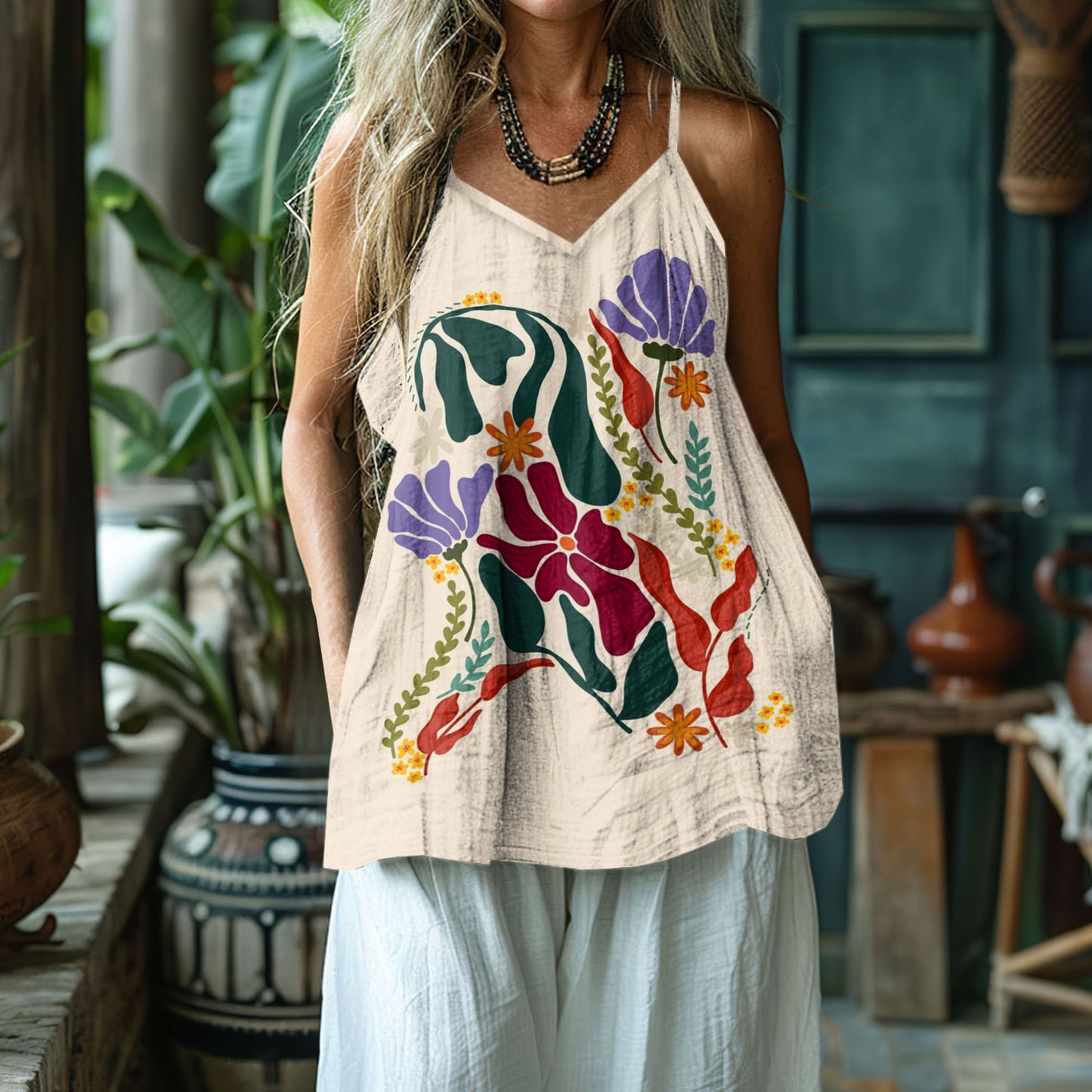 Women's Floral Dog Art Print Cotton And Linen Vest elevenforest
