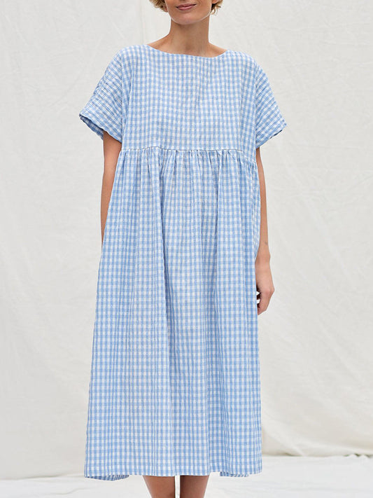 Blue Plaid Linen Blend Vintage Dress elevenforest