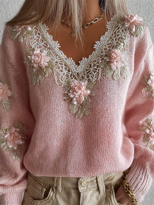 Comstylish Vintage Pink Flowers Lace V Neck Cozy Knit Sweater