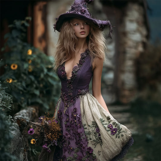 Vintage Purple Floral Contrast Patchwork Flowy Linen Dress elevenforest