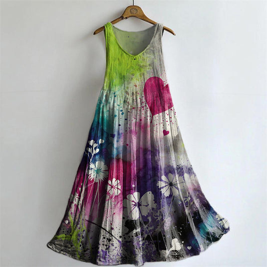 Women's Colorful Tie-Dye Floral Heart Pattern Art Print Round Neck Sle