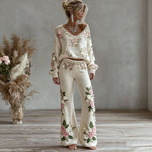 Women's Pink Floral Embroidered Art Knit Pants elevenforest