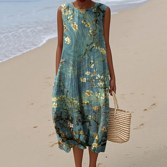 Vintage Loose Vintage Elegant Floral  Art Linen Tank Dress elevenforest