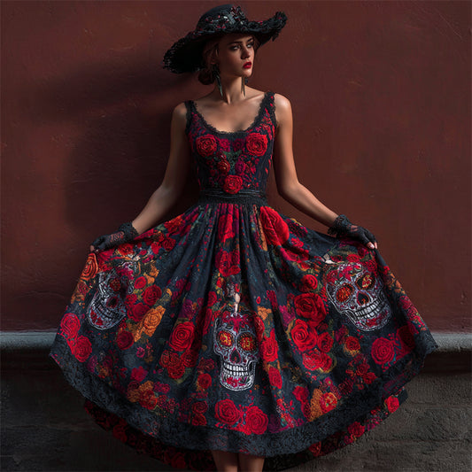 Classy Day Of The Dead Sugar Skulls Floral Linen Maxi Dress elevenforest