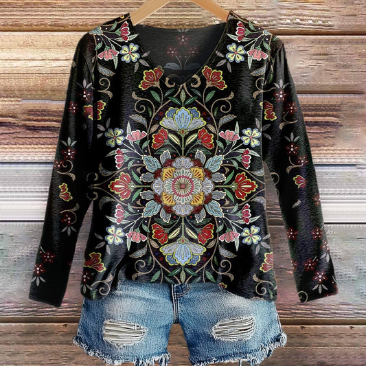 Women's Retro Ethnic Floral Totem Print Casual V-neck Long Sleeve T-sh