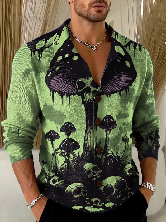 Retro Mushroom Skull Print Knitted Collar Cardigan Sweater