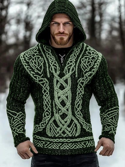 Men's Viking Tribal Jacquard Inspired Celtic Hooded Sweater artswardrobe