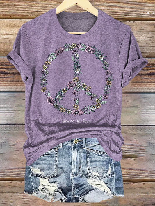 Wildflower Love Peace Print Crew Neck T-shirt