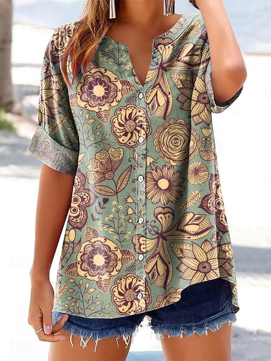 Women's Floral Pattern Art Print Cotton Linen Casual Shirt