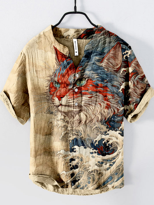 Japanese Great Wave Inspired Mysterious Cat Art Cozy Linen Blend Shirt elevenforest