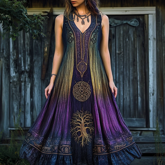 Women's Viking Tree Of Life Gradient Tank Midi Dress elevenforest