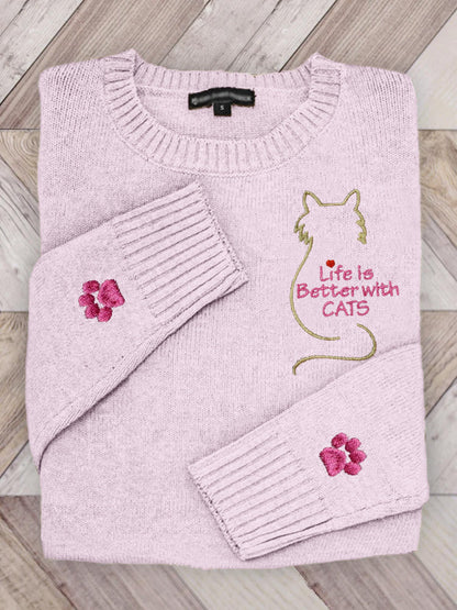 Life Is Better With Cats Embroidered Cozy Sweater elevenforest