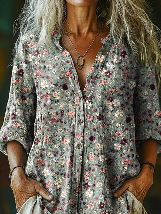 Women's Vintage Floral Art Print Casual Cotton And Linen Shirt