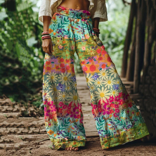 Comstylish Vintage Bohemia Floral Art Women's Linen Blend Casual Pants