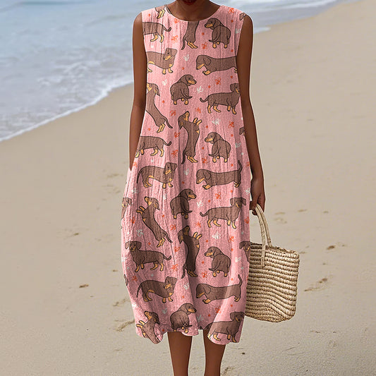 Women's Cute Dachshund And Bow Art Sleeveless Dress elevenforest