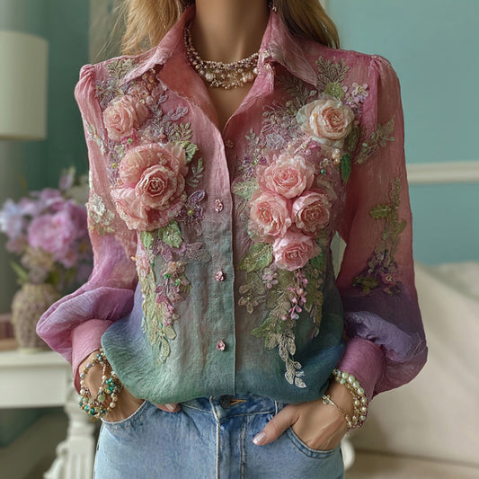 Women's Bohemian Floral Pattern Linen Shirt elevenforest