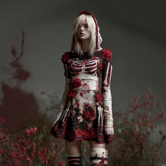 Comstylish Halloween Blood Rose Women's Knit Hooded Sweater Dress