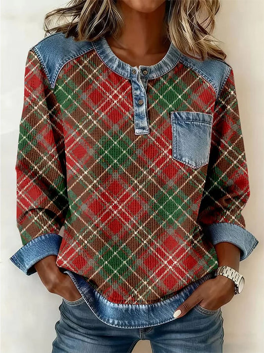 Women'S Casual Round Neck Contrast Color Stitching Pullover Sweatshirt 