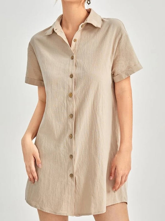 Women's Cotton Linen Lapel Loose Short Sleeve Dress