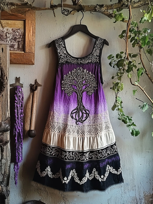 Vintage Tribal Celtic Knot Life Of Tree Patchwork Art Linen Tank Dress elevenforest