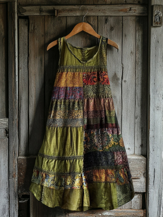 Women's Vintage Bohemian Floral Patch Sleeveless Dress elevenforest