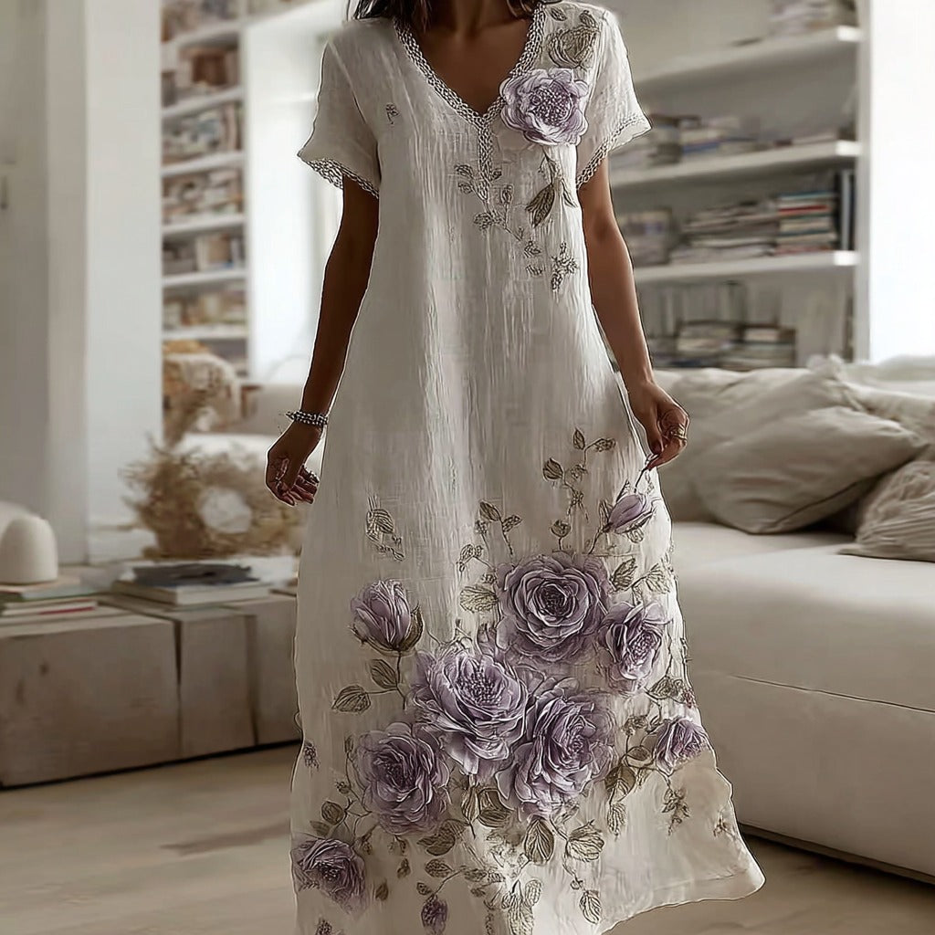 Women's Vintage Purple Rose Pattern Casual Linen Short Sleeve Dress elevenforest