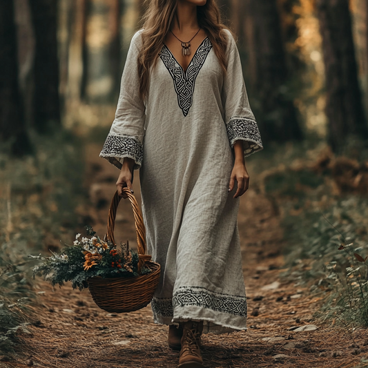 Vintage Viking Celtic Cotton Linen Crew Neck Mixi Dress elevenforest