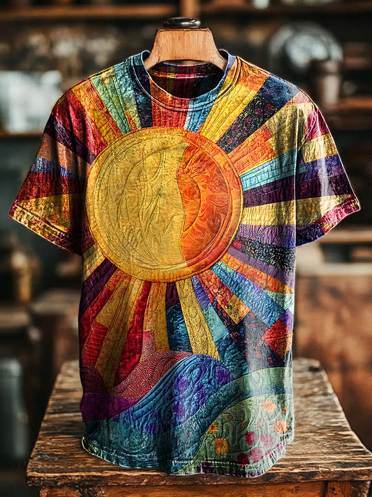 Retro Sun Patchwork Abstract Vintage Art Print Casual T-shirt For Men