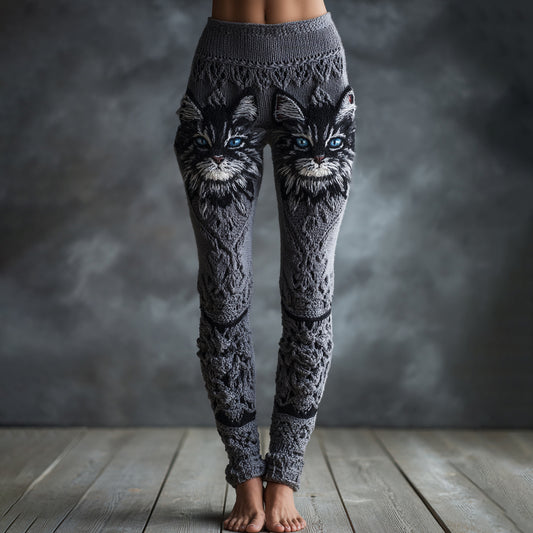 Women's Cute Cat Face Embroidered Art Cozy Knit Leggings
