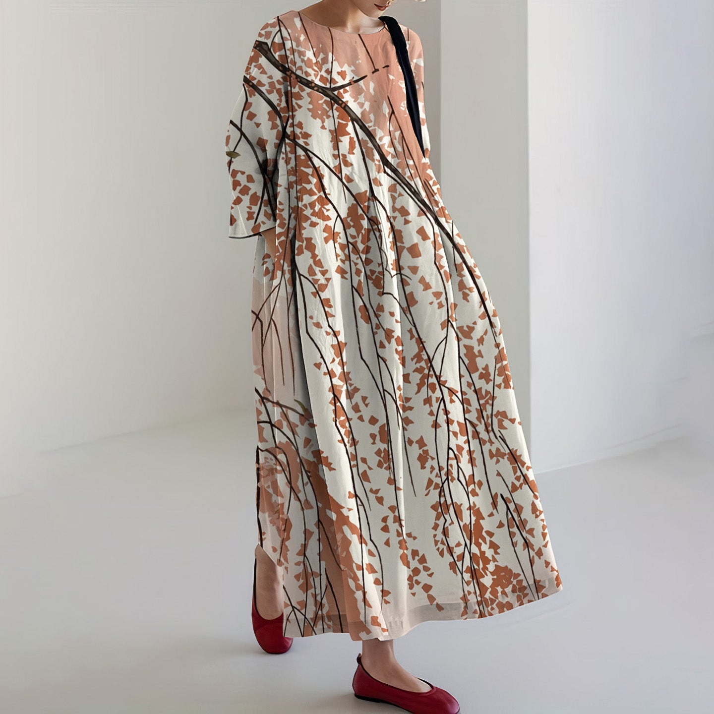 Comstylish Women's Japanese Flower Art Print Crew Neck Loose Midi Dress