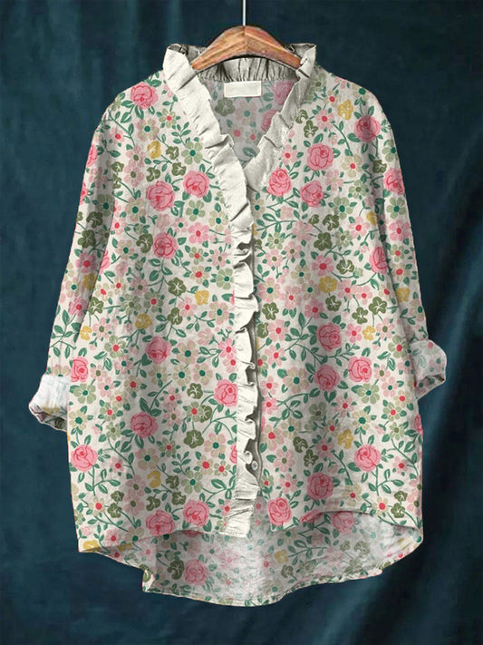 Boho Rose Print Ruffled Linen Shirt elevenforest