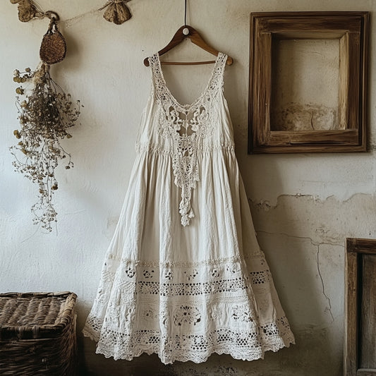 Vintage Lace Sleeveless Linen Blend Midi Dress elevenforest