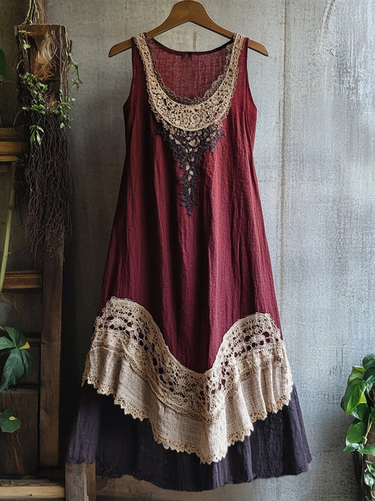 Retro Lace Patchwork Flowy Linen Tank Dress elevenforest
