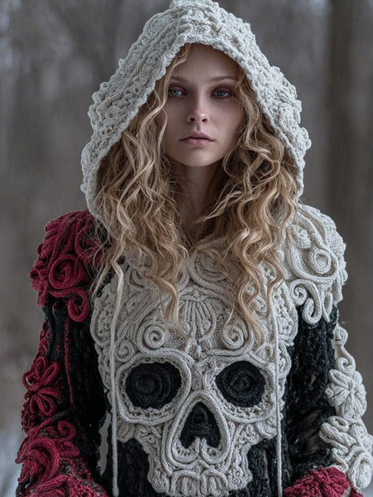 Women Halloween Big Skull Rose Vintage Hooded Sweater artswardrobe