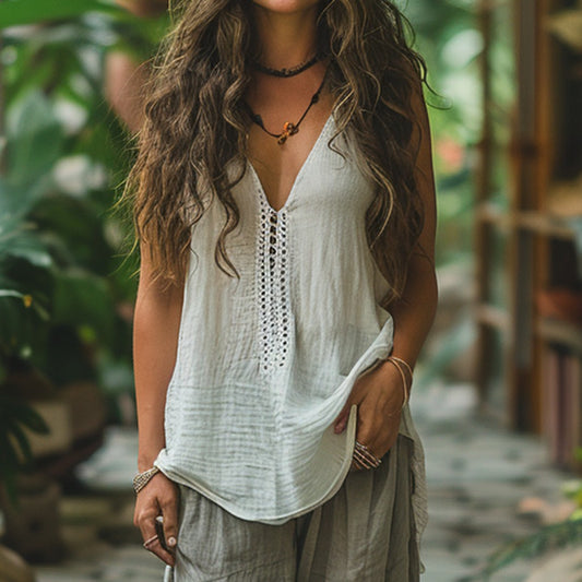 Women's Ethnic Style Linen V-neck Sleeveless Top elevenforest